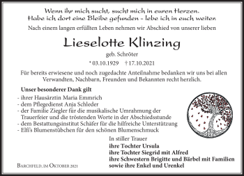 Traueranzeige von Lieselotte Klinzing von Südthüringer Presse