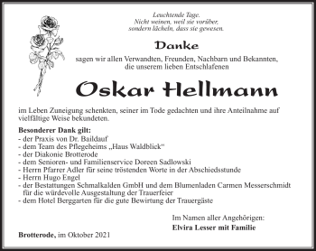 Traueranzeige von Oskar Hellmann von Südthüringer Presse