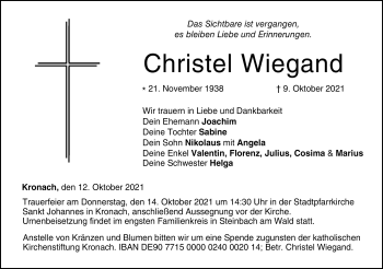 Traueranzeige von Christel Wiegand von Neue Presse Coburg