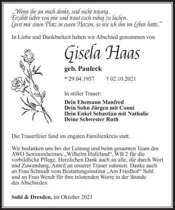 Traueranzeige von Gisela Haas von Südthüringer Presse