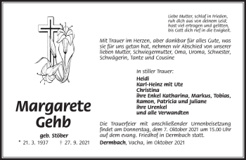 Traueranzeige von Margarete Gehb von Südthüringer Presse