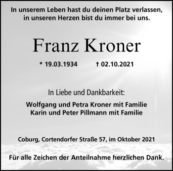 Traueranzeige von Wolfgang Kroner von Neue Presse Coburg