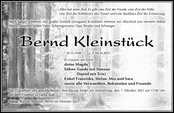 Traueranzeige von Bernd Kleinstück von Südthüringer Presse