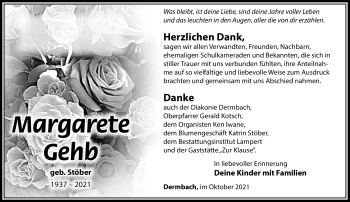 Traueranzeige von Margarete Gehb von Südthüringer Presse