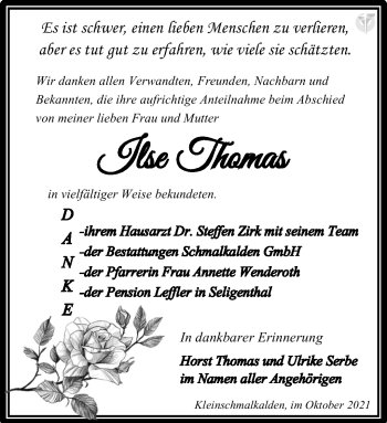 Traueranzeige von Ilse Thomas von Südthüringer Presse