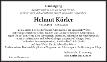Traueranzeige von Helmut Körler von Südthüringer Presse