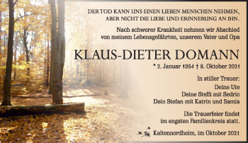 Traueranzeige von Klaus-Dieter Domann von Südthüringer Presse