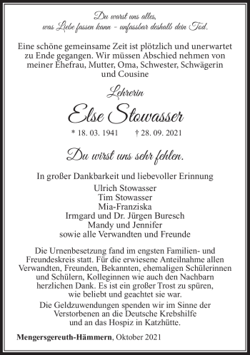 Traueranzeige von Else Stowasser von Südthüringer Presse