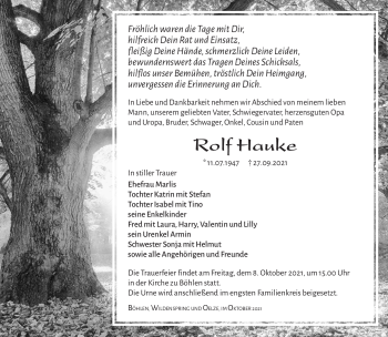 Traueranzeige von Rolf Hauke von Südthüringer Presse