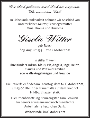 Traueranzeige von Gisela Witter von Südthüringer Presse