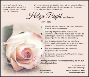 Traueranzeige von Helga Beyhl von Südthüringer Presse