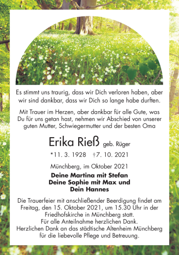 Traueranzeige von Erika Rieß von Frankenpost