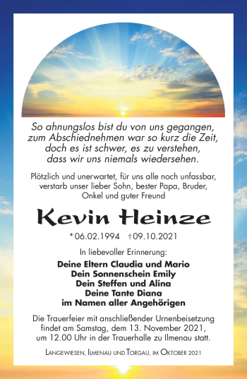 Traueranzeige von Kevin Heinze von Südthüringer Presse