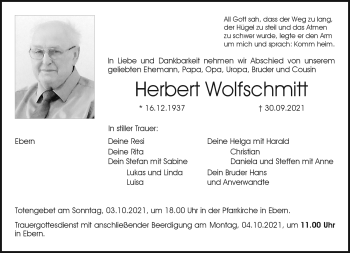 Traueranzeige von Herbert Wolfschmitt von Neue Presse Coburg