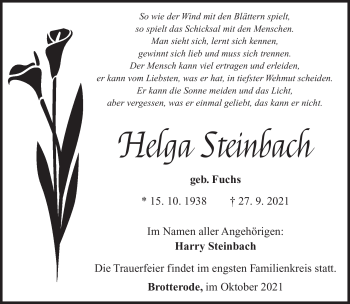 Traueranzeige von Helga Steinbach von Südthüringer Presse