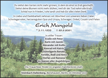 Traueranzeige von Erich Mangold von Südthüringer Presse