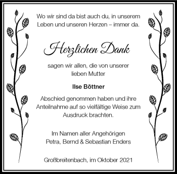 Traueranzeige von Ilse Böttner von Südthüringer Presse