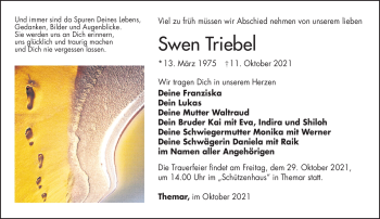 Traueranzeige von Swen Triebel von Südthüringer Presse
