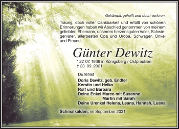Traueranzeige von Günter Dewitz von Südthüringer Presse