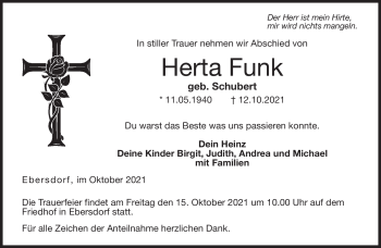 Traueranzeige von Herta Funk von Neue Presse Coburg