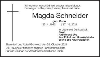 Traueranzeige von Magda Schneider von Neue Presse Coburg