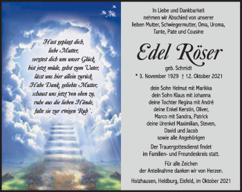 Traueranzeige von Edel Röser von Südthüringer Presse