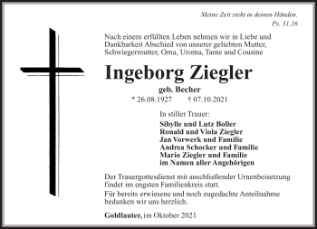 Traueranzeige von Ingeborg Ziegler von Südthüringer Presse