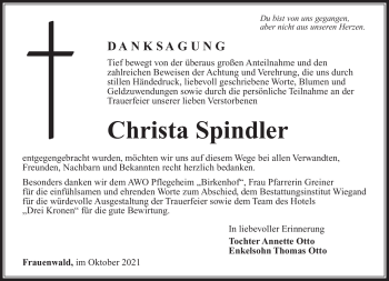 Traueranzeige von Christa Spindler von Südthüringer Presse