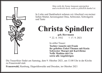Traueranzeige von Christa Spindler von Südthüringer Presse