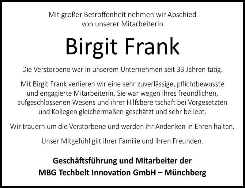  Traueranzeige für Birgit Frank vom 09.10.2021 aus Frankenpost