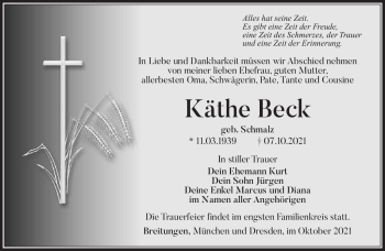 Traueranzeige von Käthe Beck von Südthüringer Presse