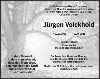 Traueranzeige von Jürgen Volckhold von Südthüringer Presse