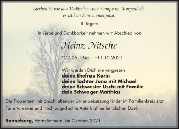Traueranzeige von Heinz Nitsche von Südthüringer Presse