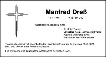 Traueranzeige von Manfred Dreß von Frankenpost