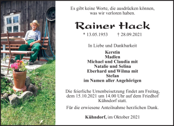 Traueranzeige von Rainer Hack von Südthüringer Presse