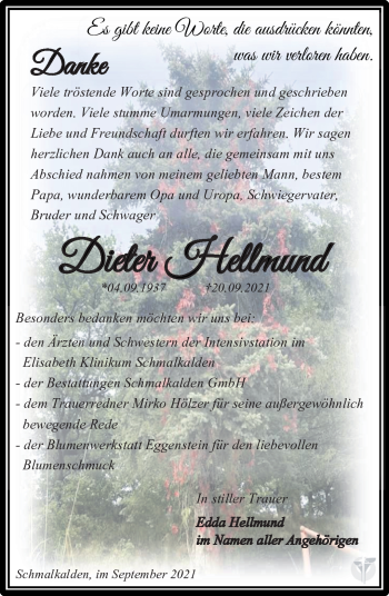 Traueranzeige von Dieter Hellmund von Südthüringer Presse