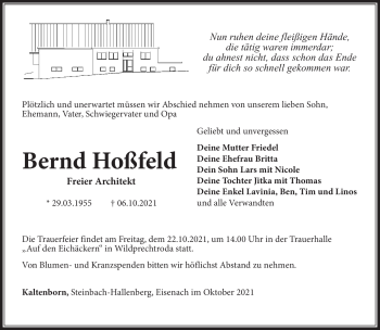 Traueranzeige von Bernd Hoßfeld von Südthüringer Presse