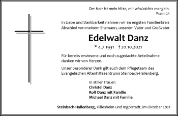 Traueranzeige von Edelwalt Danz von Südthüringer Presse