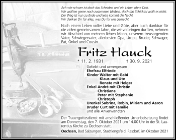 Traueranzeige von Fritz Hauck von Südthüringer Presse