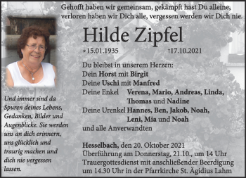 Traueranzeige von Hilde Zipfel von Neue Presse Coburg