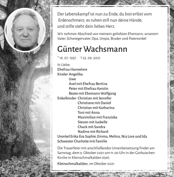 Traueranzeige von Günter Wachsmann von Südthüringer Presse