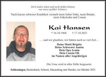 Traueranzeige von Kai Hansen von Südthüringer Presse