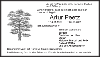 Traueranzeige von Artur Peetz von Frankenpost