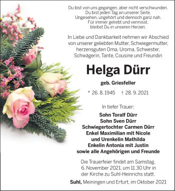 Traueranzeige von Helga Dürr von Südthüringer Presse