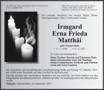 Traueranzeige von Irmgard Matthai von Südthüringer Presse