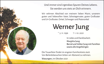 Traueranzeige von Werner Jung von Südthüringer Presse