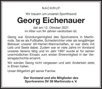 Traueranzeige von Georg Eichenauer von Südthüringer Presse
