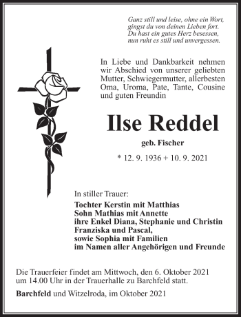 Traueranzeige von Ilse Reddel von Südthüringer Presse
