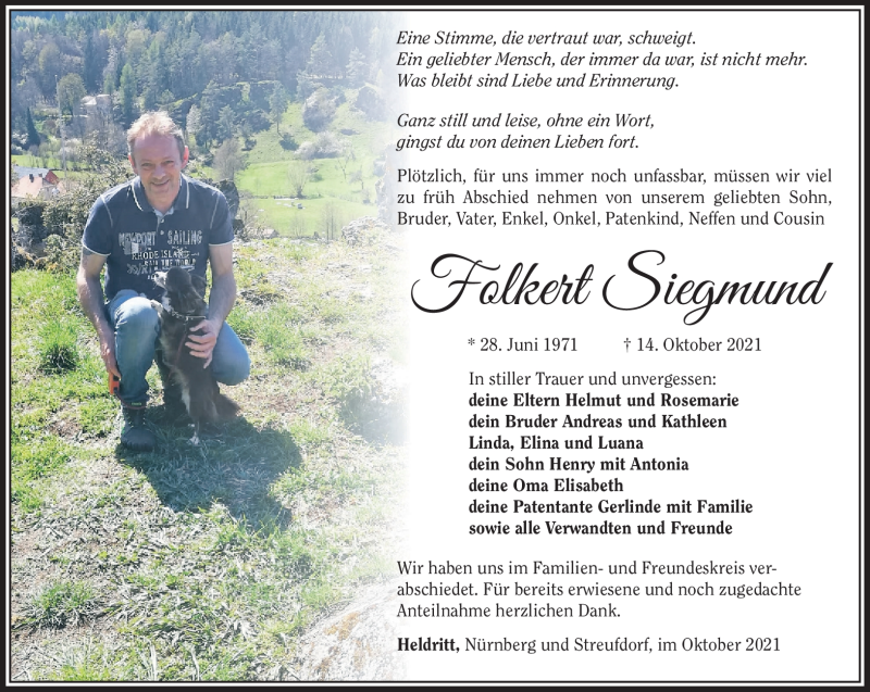  Traueranzeige für Folkert Siegmund vom 29.10.2021 aus Südthüringer Presse
