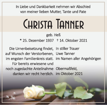 Traueranzeige von Christa Tanner von Südthüringer Presse
